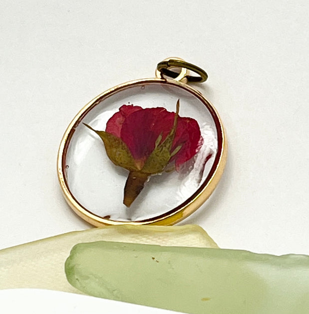 Real Flowers in Resin Pendant Rose Bud in Clear Resin • Gold Frame