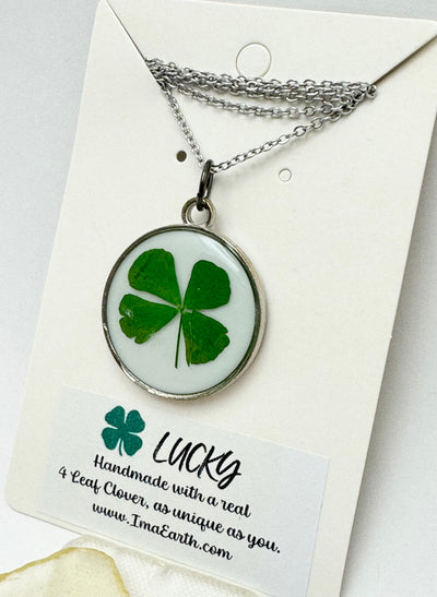 LUCKY CHARM: Real Four Leaf Clover 🍀 Over White Resin • Silver Frame • NECKLACE