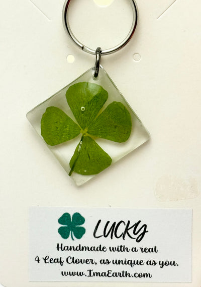 LUCKY CHARM Key Chain: Real Four Leaf Clover 🍀 in Clear Resin • Silver Metal