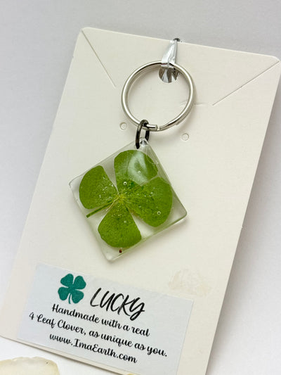 LUCKY CHARM Key Chain: Real Four Leaf Clover 🍀 in Clear Resin • Silver Metal