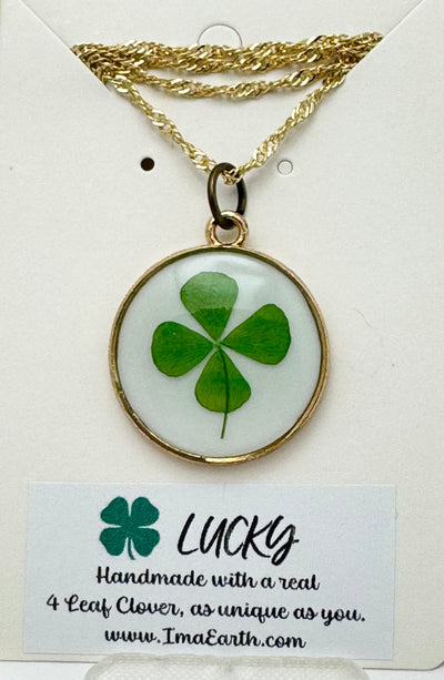 LUCKY CHARM: Real Four Leaf Clover 🍀 Over White Resin • Gold Frame • NECKLACE