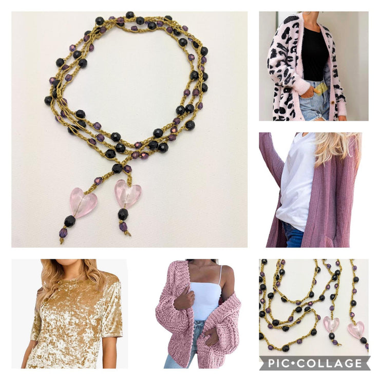 Bohemian Chic Lariat - In gold, black, purple, and pink