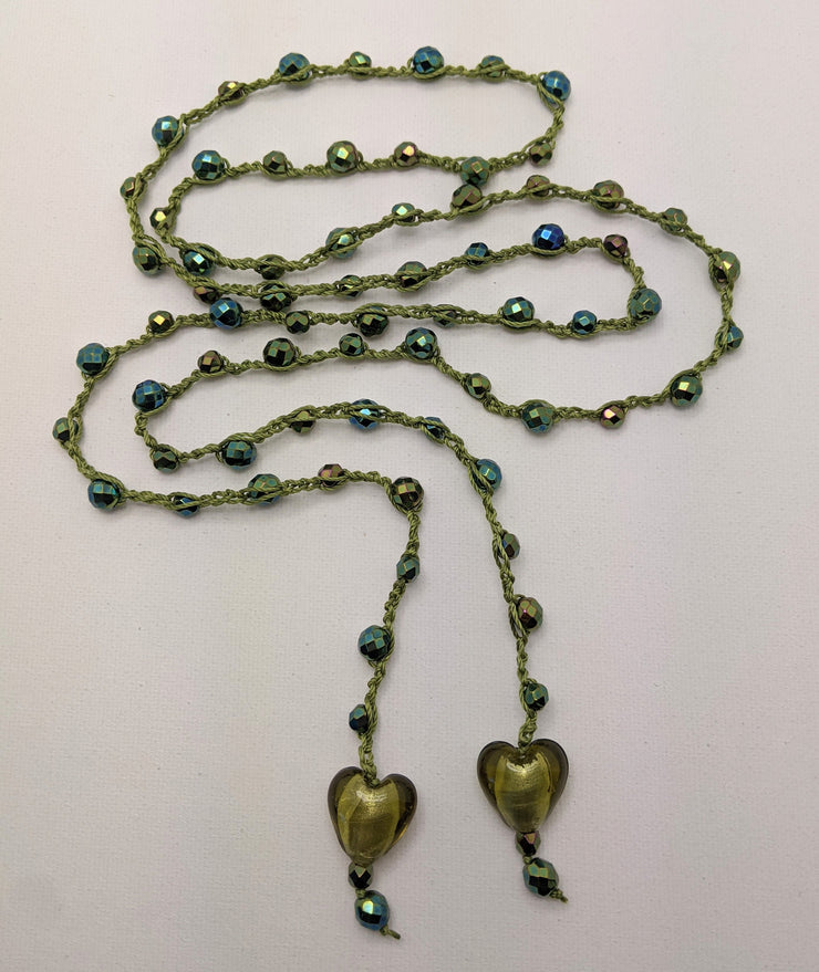 Bohemian Chic Lariat - Sparkly Olive and Blue