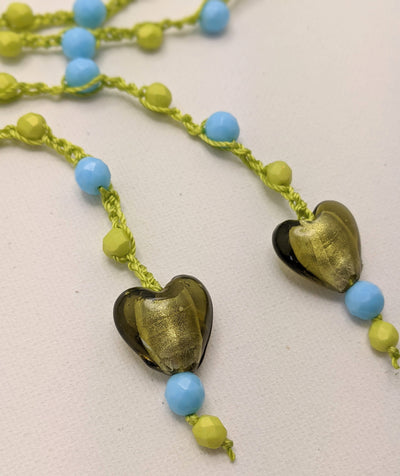 Bohemian Chic Lariat - Lime Green and Sky Blue with Olive Hearts