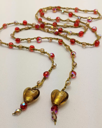 Bohemian Chic Lariat - Red and Gold with Gold Heart