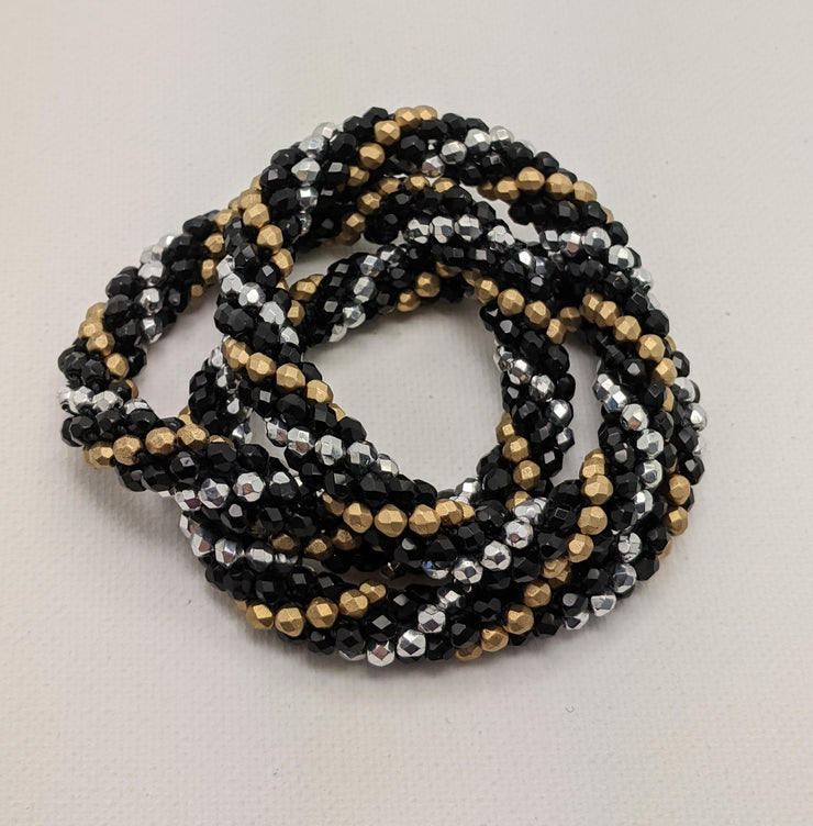 Continuous Bangle Bracelet - Black Gold and Silver Swirl