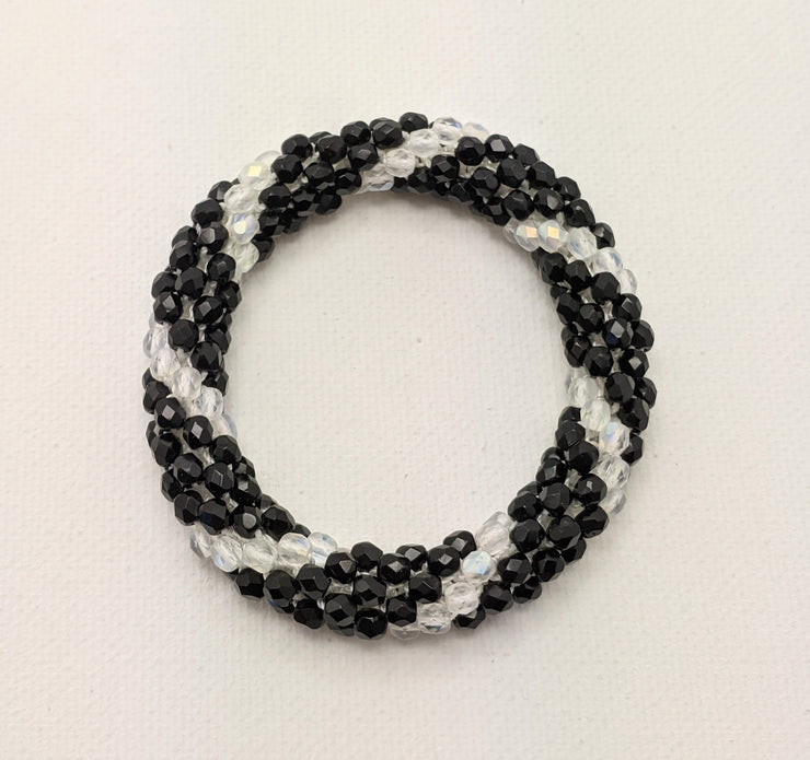 Continuous Bangle Bracelet - Black with Opaque White Swirl (Size M/L)