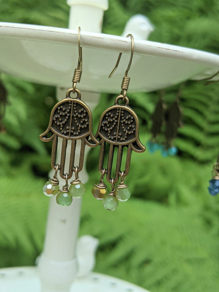 Hamsa Earrings - Antique Gold and Sage Gold