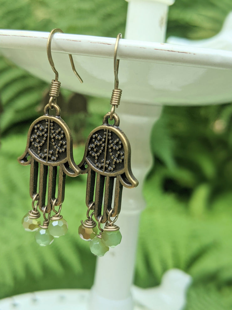 Hamsa Earrings - Antique Gold and Sage Gold