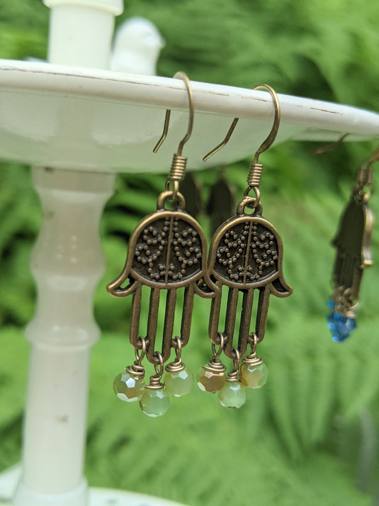 Hamsa Earrings - Antique Gold and Sage Gold