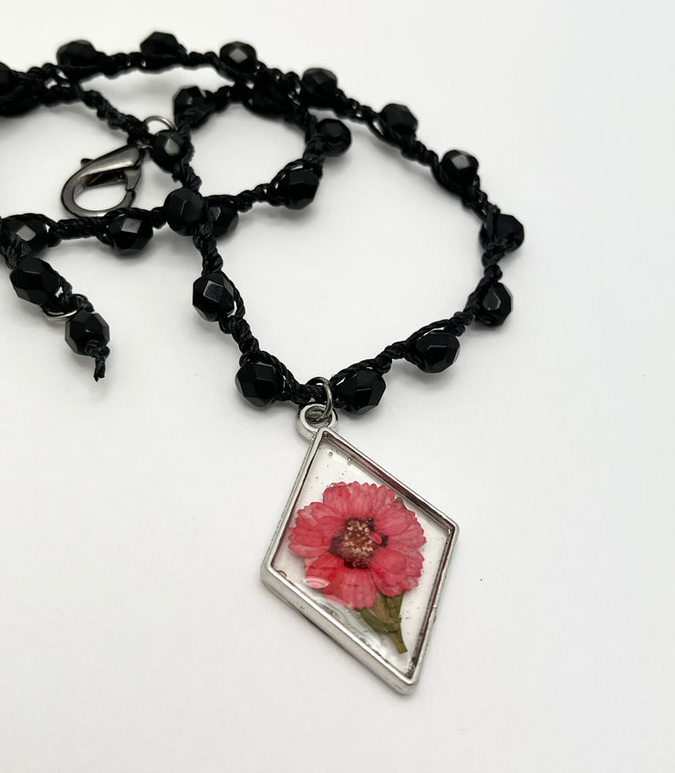 Real Flowers in Resin Necklace (short/choker) - Light Red Flower ♥️ over Clear | Silver Frame