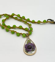 Real Flowers in Resin Necklace (short/choker) - Purple over Clear 💜 with Moss Green | Gold Frame