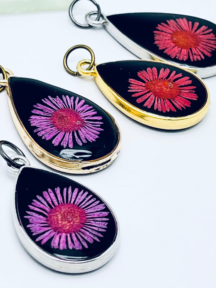 Real Flowers in Resin Pendant - 💕Pink Flower over Black Resin • Silver Frame