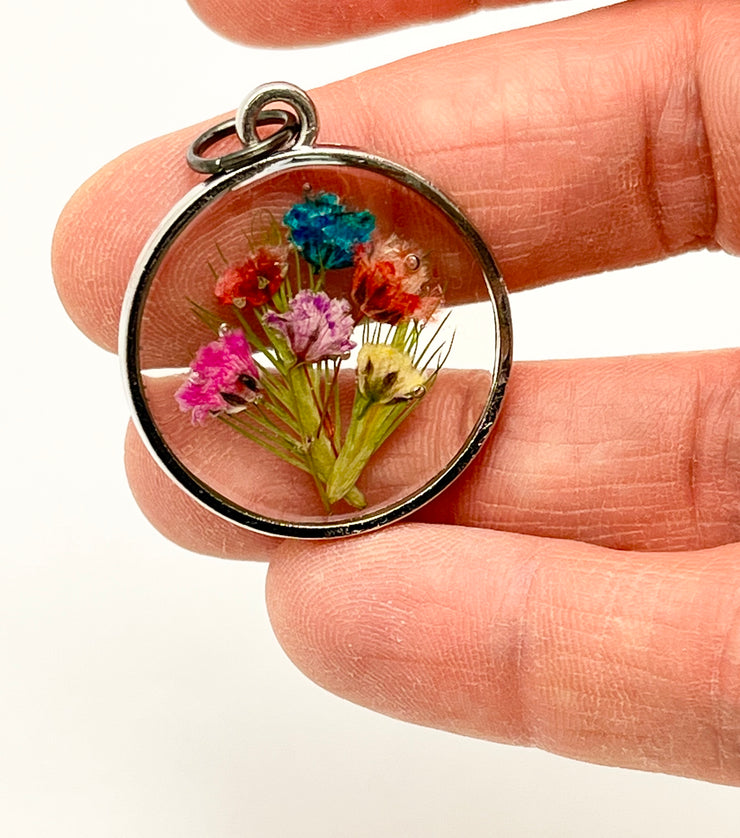 Real Flowers in Resin Pendant - Happy Flower Bouquet 💐 over Clear Resin • Silver Frame