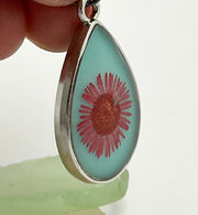 Real Flowers in Resin Pendant - ❤️+ Turquoise Background with With Silver Frame