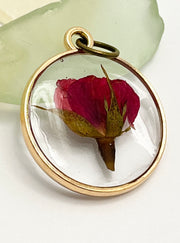 Real Flowers in Resin Pendant - Rose Bud in Clear Resin • Gold Frame