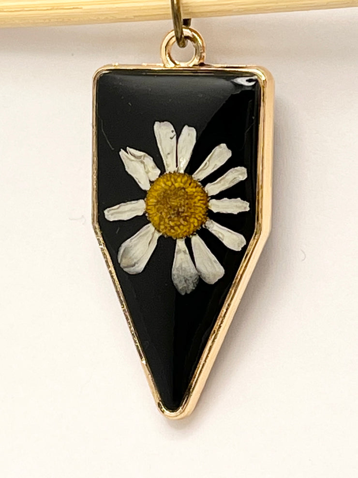 Real Flowers in Resin Pendant - 🤍 Echinacea Flower over Black Resin • Gold Frame