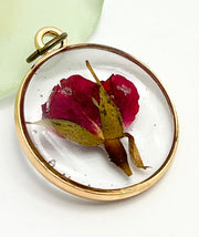 Real Flowers in Resin Pendant - Rose Bud in Clear Resin • Gold Frame