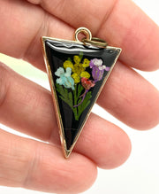 Real Flowers in Resin Pendant - Delicate Bouquet 💐 over Black 🖤, Gold Frame