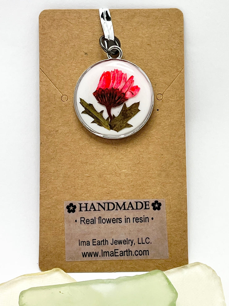 Real Flowers in Resin Pendant - Red flower ❤️ over 🤍 White Resin • Silver Frame