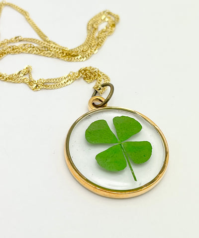 LUCKY CHARM: Real Four Leaf Clover 🍀 in Clear Resin • Gold Frame • NECKLACE