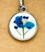 Real Flowers in Resin Pendant - Blue flowers 💙 over White 🤍, Silver Frame