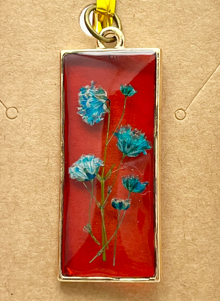 Real Flowers in Resin Pendant - Turquoise / Blue Flowers 💙 over Translucent Red Resin ❤️ • Gold Frame