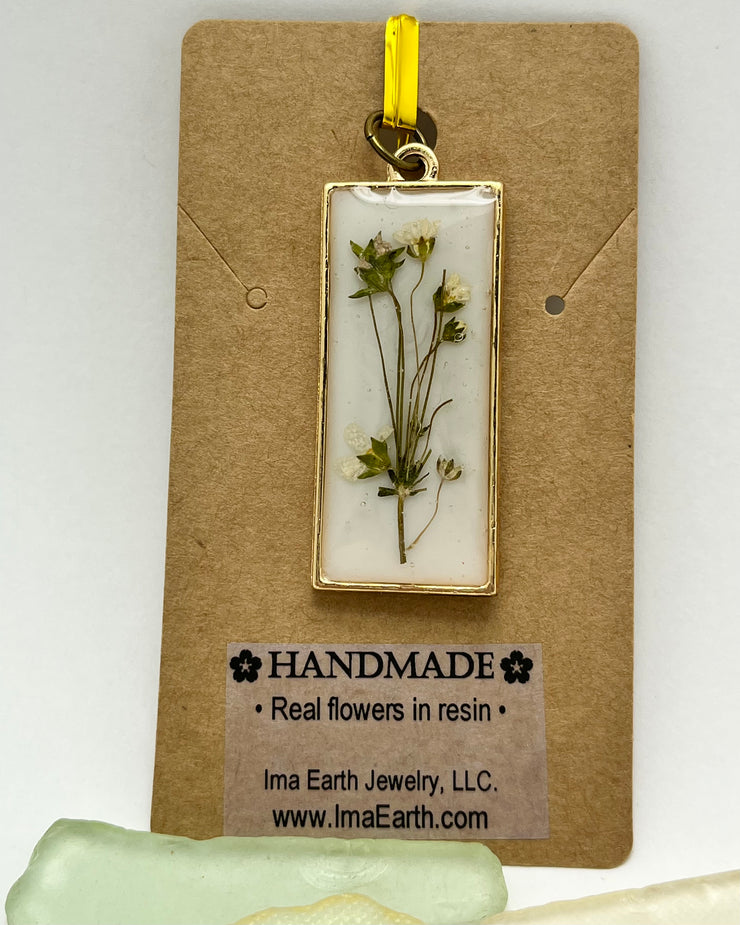 Real Flowers in Resin Pendant - Foliage with dainty flowers over White 🤍, Gold Frame