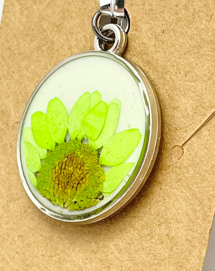 Real Flowers in Resin Pendant - Lime colored flower 💚over White 🤍, Silver Frame