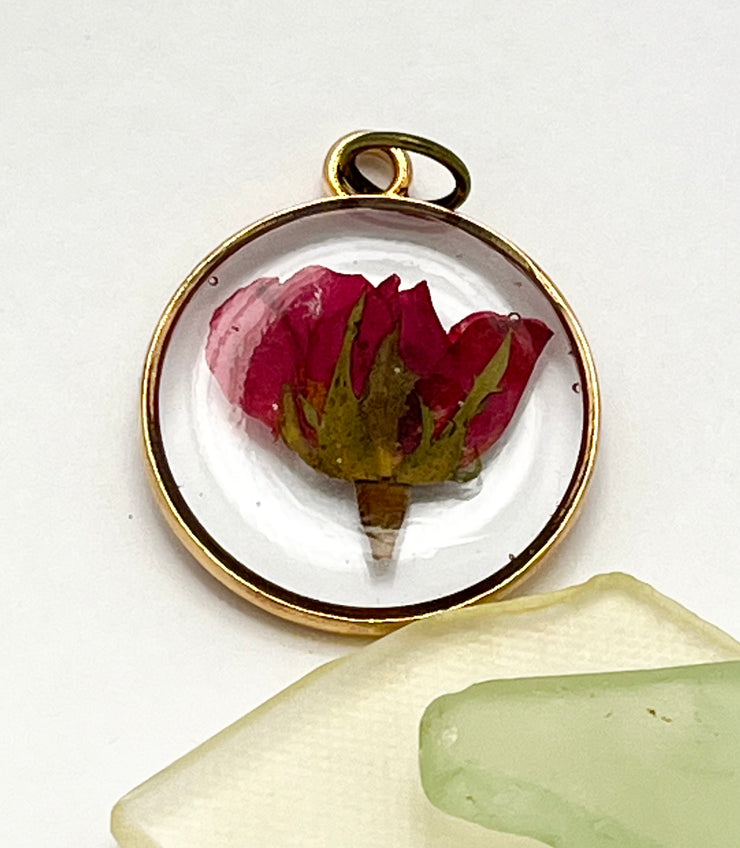 Real Flowers in Resin Pendant - Rose Bud in Clear Resin • Gold Frame