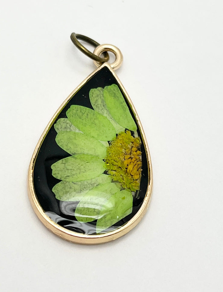 Real Flowers in Resin Pendant - Lime Green 💚💛 Daisy over Black 🖤, Gold Frame