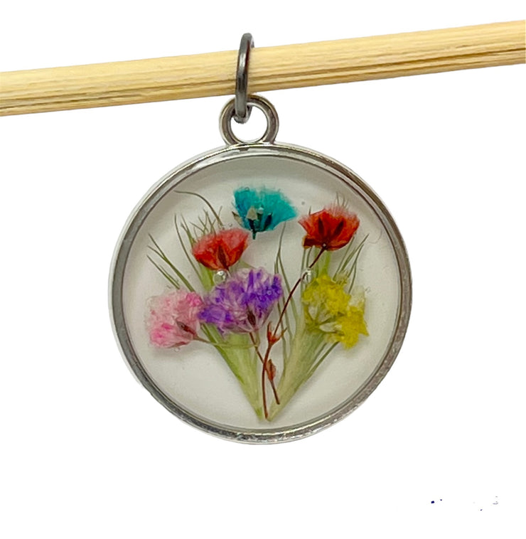 Real Flowers in Resin Pendant - Happy Flower Bouquet 💐 over 🤍 White Resin • Silver Frame