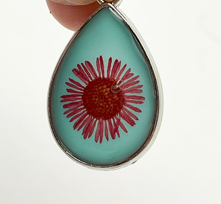 Real Flowers in Resin Pendant - ❤️+ Turquoise Background with With Silver Frame