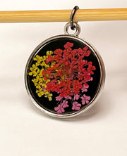 Real Flowers in Resin Pendant - Red, Yellow, Pink flowers 🌺🌸💛over Black 🖤, Silver Frame