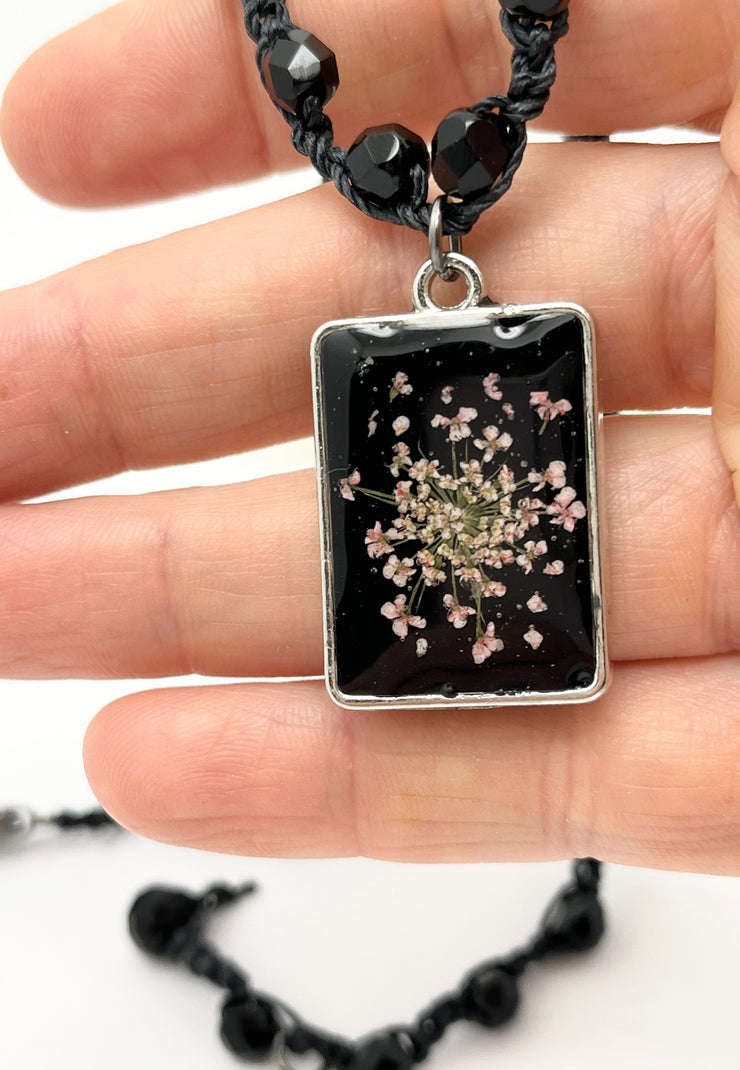 Real Flowers in Resin Necklace (short/choker) - Mauve Pink 🌸 Black 🖤 | Silver Frame