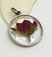 Real Flowers in Resin Pendant - Rose Bud in Clear Resin • Silver Frame