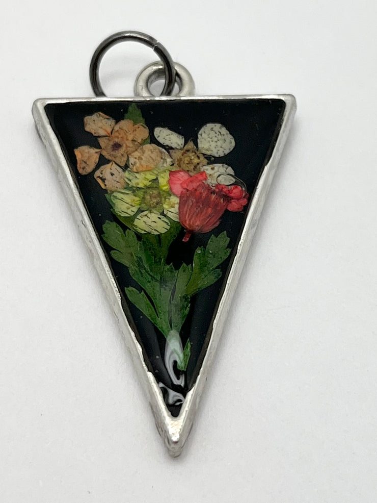 Real Flowers in Resin Pendant - Delicate Bouquet 💐 over Black 🖤, Silver Frame