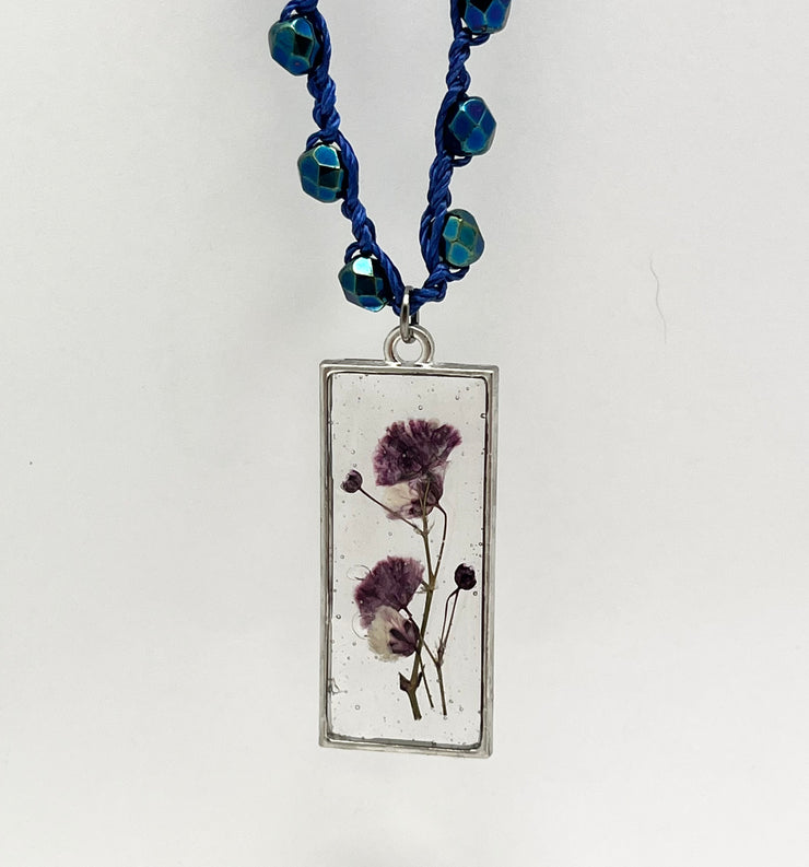 Real Flowers in Resin Necklace (short/choker) - Purple Flowers 💜 over Clear | Silver Frame