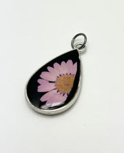 Real Flowers in Resin Pendant - Pink Daisy 💕over Black 🖤, Silver Frame