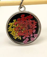 Real Flowers in Resin Pendant - Red, Yellow, Pink flowers 🌺🌸💛over Black 🖤, Silver Frame