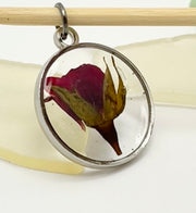 Real Flowers in Resin Pendant - Rose Bud in Clear Resin • Silver Frame