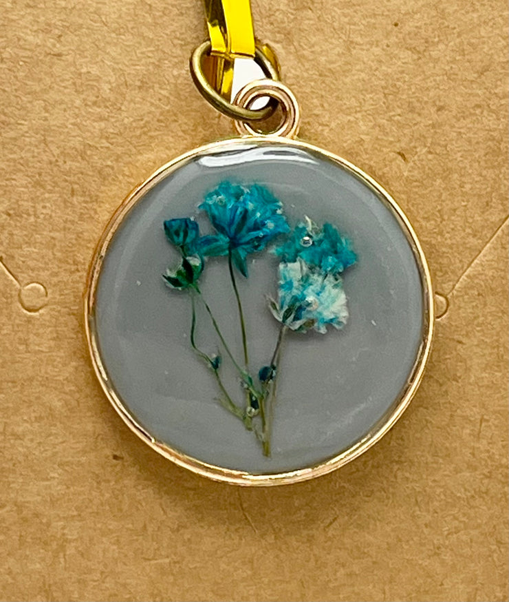 Real Flowers in Resin Pendant -Blue/Turquoise Flowers over Grey Resin, Gold Frame