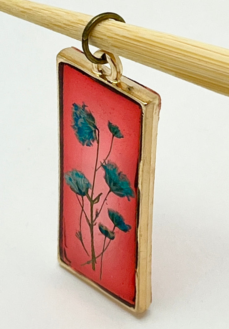 Real Flowers in Resin Pendant - Turquoise / Blue Flowers 💙 over Translucent Red Resin ❤️ • Gold Frame