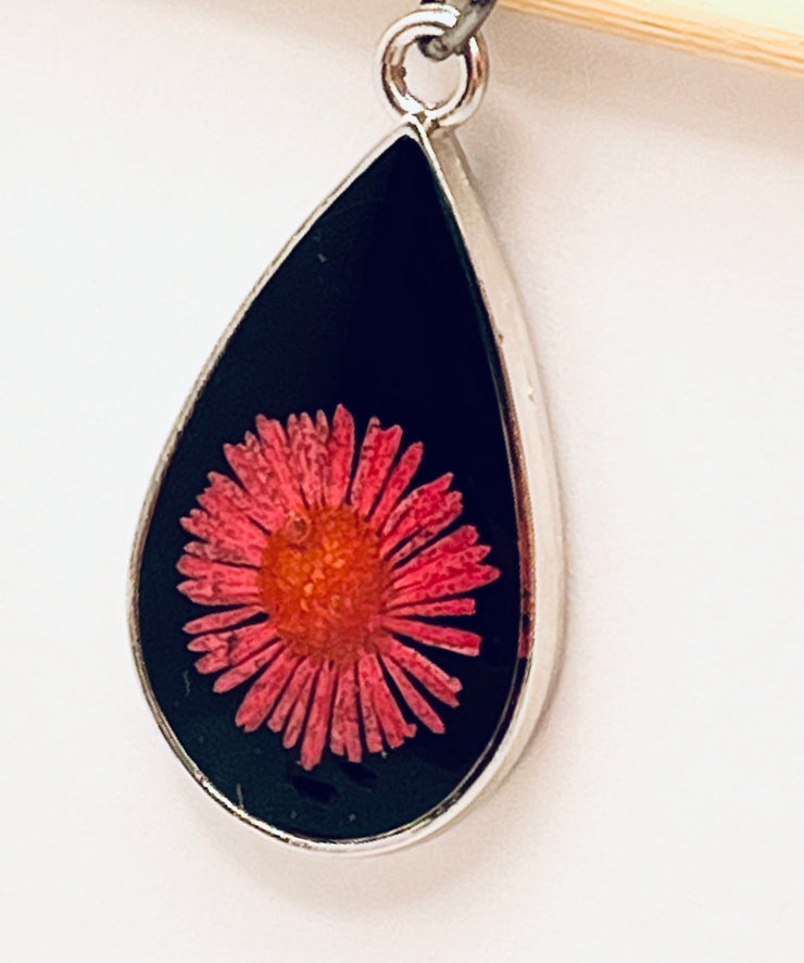 Real Flowers in Resin Pendant - ❤️Red Flower over Black Resin • Silver Frame