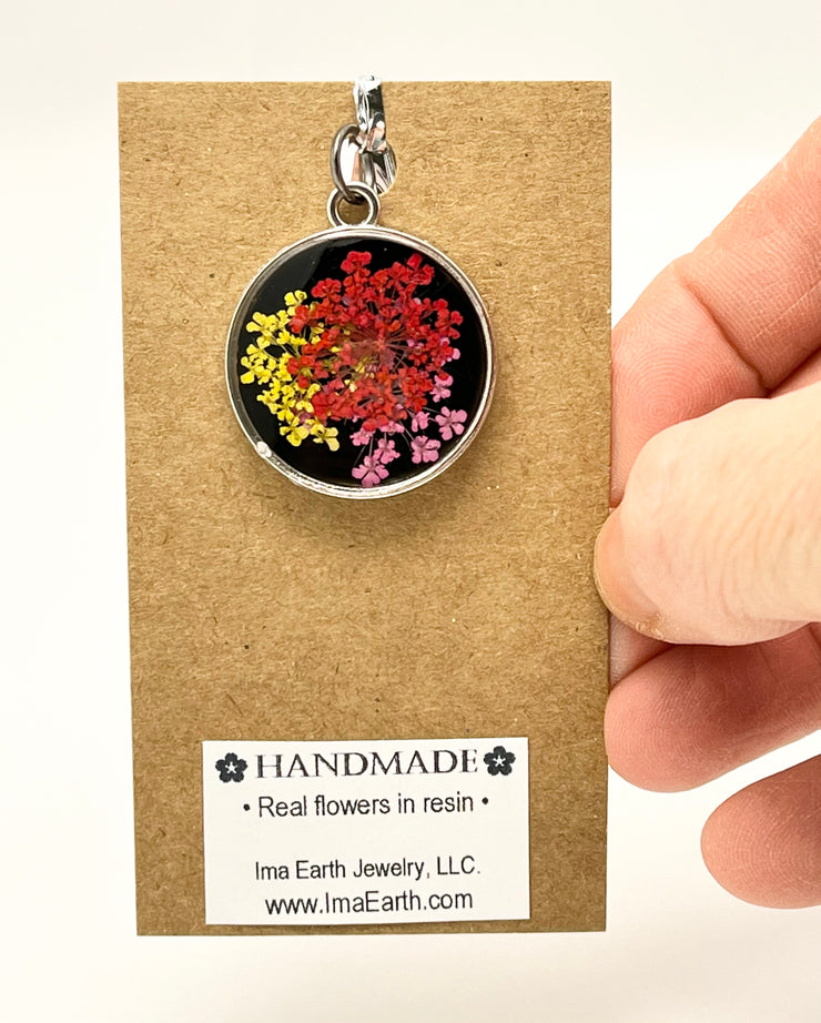 Real Flowers in Resin Pendant - Red, Yellow, Pink flowers 🌺🌸💛over Black 🖤, Silver Frame