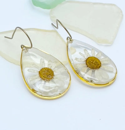 Real Flowers EARRINGS 💛 🤍 Echinacea over Clear • Gold frame