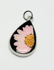 Real Flowers in Resin Pendant - Ballerina Pink Daisy 💕over Black 🖤, Silver Frame