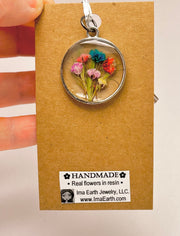 Real Flowers in Resin Pendant - Happy Flower Bouquet 💐 over Clear Resin • Silver Frame