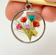 Real Flowers in Resin Pendant - Happy Flower Bouquet 💐 over Clear Resin • Silver Frame