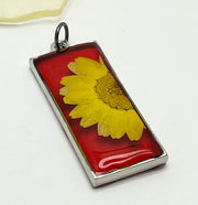 Real Flowers in Resin Pendant - Yellow Daisy 💛 over Translucent Red Resin ❤️ • Gold Frame